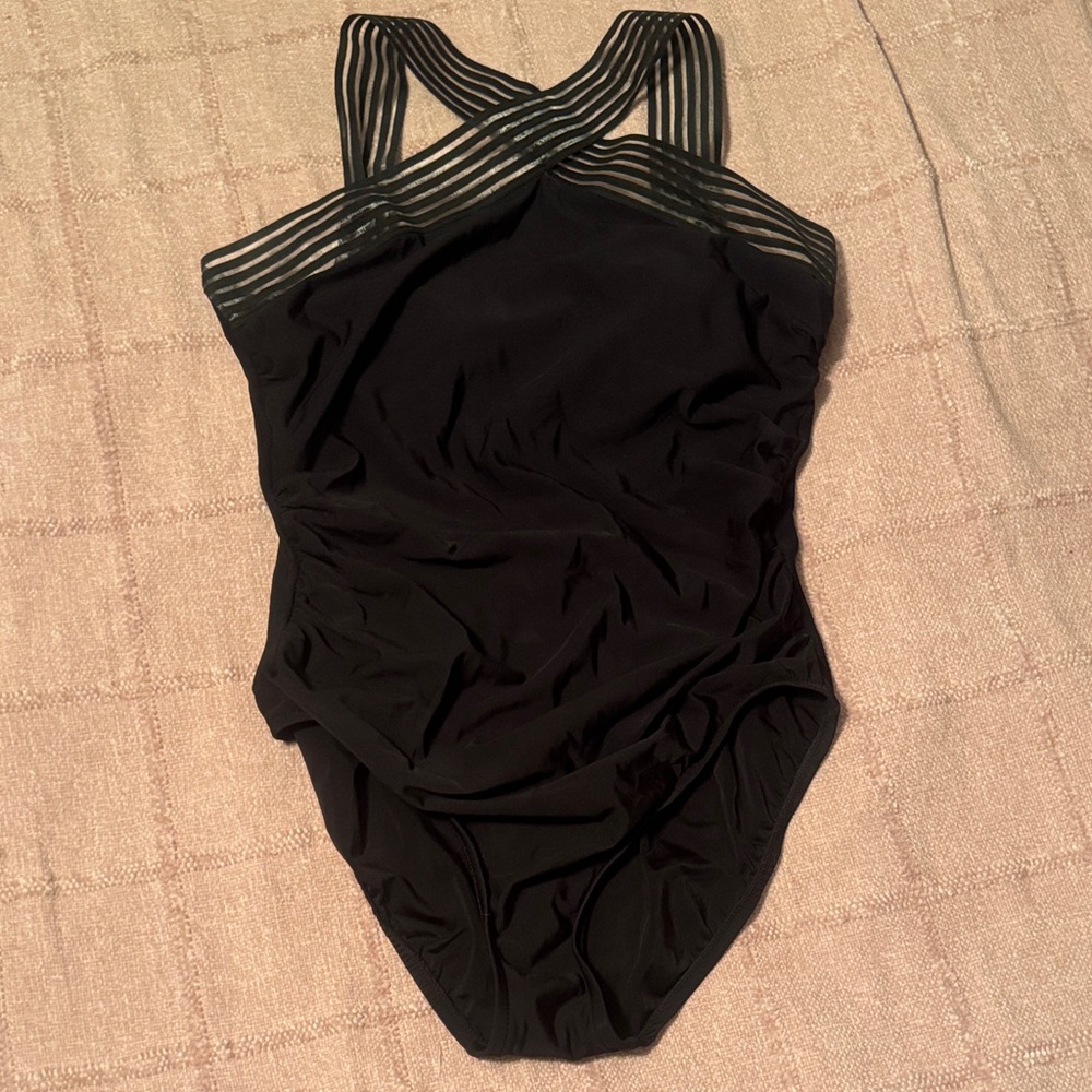 Aqua Green Black One-Piece Swimsuit with Mesh Straps